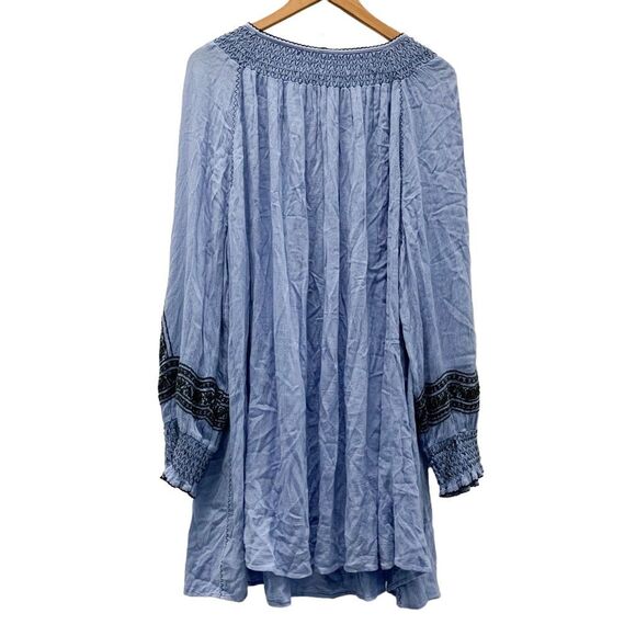 Free People Sz L Wind Willow oversized embroidered shirred mini dress boho blue - Picture 4 of 11